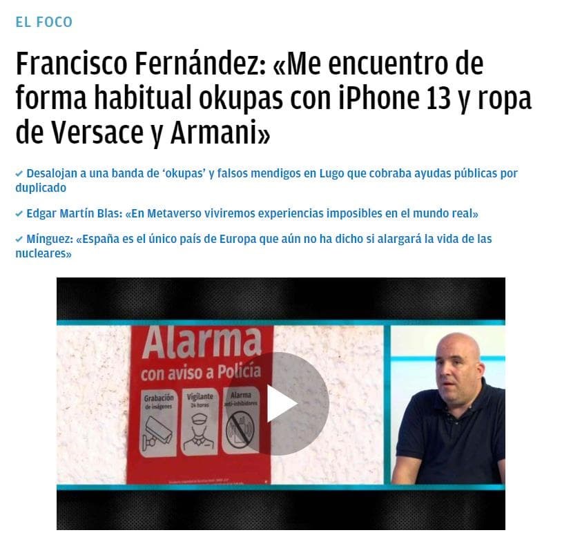 Francisco Fernández: «Me encuentro de forma habitual okupas con iPhone 13 y ropa de Versace y Armani»